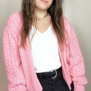H&M | Women's Medium Coral Pink Chunky Knit Wool Cardigan Sweater Bobble Pompom